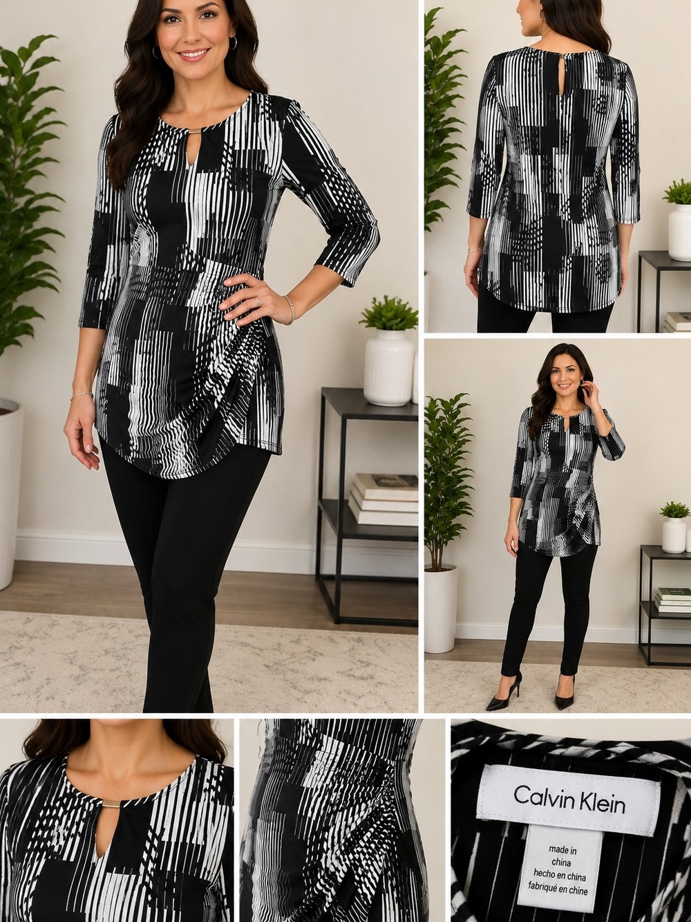 Calvin Klein Black & White Printed Keyhole Tunic Top